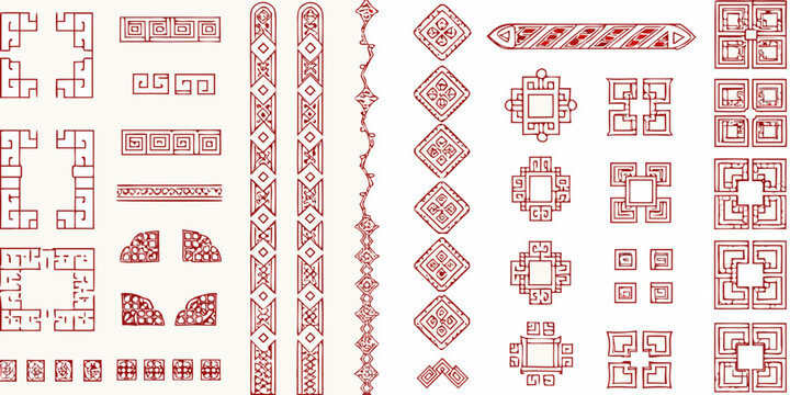 Collection Of Red Geometric Corner And Border Designs On A White Background ornament design