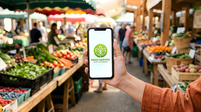 Connecting to local produce a modern market shopping experience enhanced by smartphone technology and convenience
