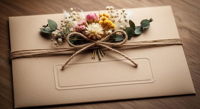 Elegant rustic envelope with a dried flower bouquet and twine bow on a wooden background, perfect for wedding invitations, greeting cards, or stationery design