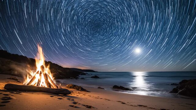 Bonfire crackles on a sandy beach under a swirling star trail sky with moonlight reflecting on the ocean