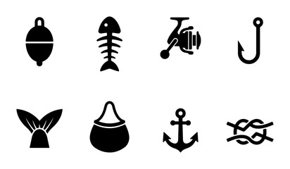 Fishing Icons Set, Angling Equipment Vector Graphics, Nautical Symbols Collection, Outdoor Hobby Elements © Sijan