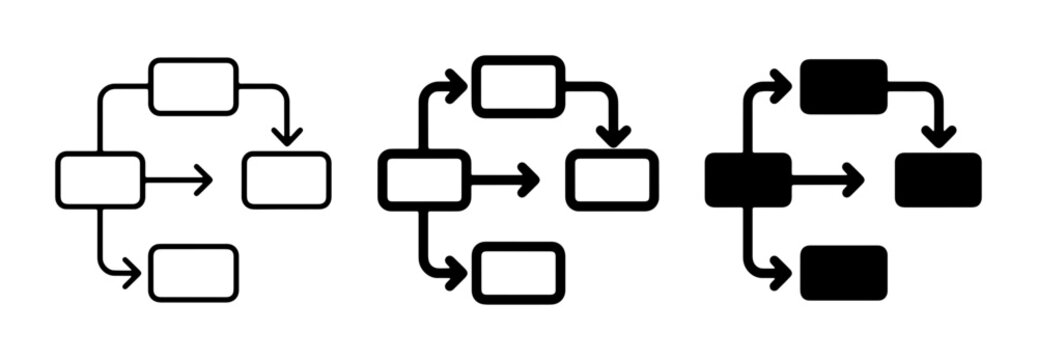 Process Flow Diagram Icons, Workflow Steps, Business Logic Charts, Data Flow, Decision Tree Elements, Simple Black and White Vector Graphics
