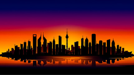 Obraz premium Modern City Skyline Silhouette at Vibrant Sunset with Water Reflection