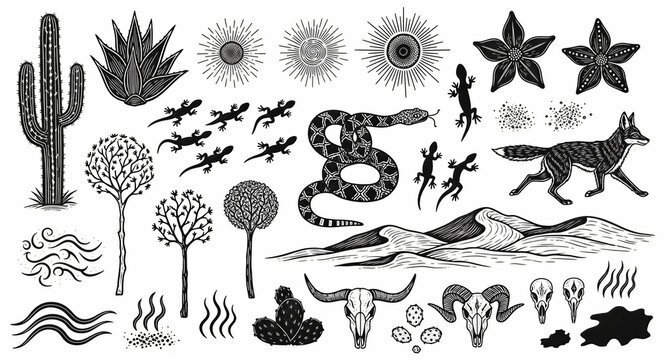 Hand-drawn desert vector elements with cactus, animals, and skulls. Illustrated southwest landscape icons and tribal motifs in linocut style. Versatile boho design assets for western branding.