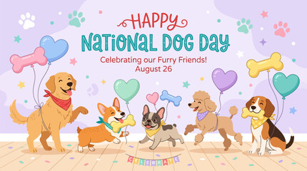 Naklejka premium Happy national dog day celebration with five dogs