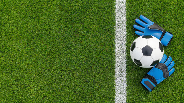 Top down view of soccer ball and blue goalkeeper gloves lying on green grass field near white line with copy space