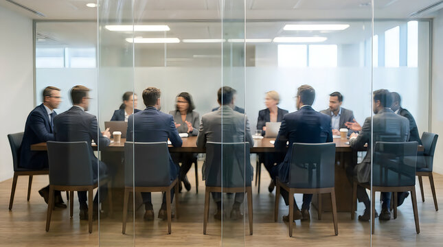 Diverse team of business professionals collaborating in a modern glass conference room meeting