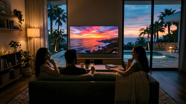 Friends Watching Sunset on Large Screen TV in Modern Luxury Living Room at Night