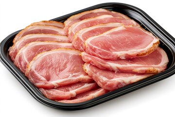 Fototapeta premium Raw sliced back bacon rashers in black plastic tray