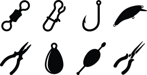 Collection of eight fishing equipment silhouette vector icons featuring hooks, lures, pliers, sinker, float, and swivel designs © Niheranjan