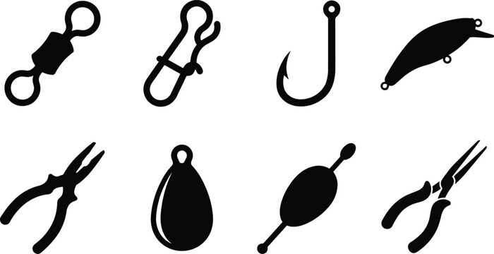 Collection of eight fishing equipment silhouette vector icons featuring hooks, lures, pliers, sinker, float, and swivel designs