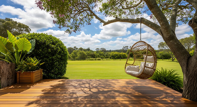 Hanging wicker chair on a wooden deck in a lush green backyard garden with relaxation backyard furniture lifestyle homestead greenery tranquil peaceful residence comfortable