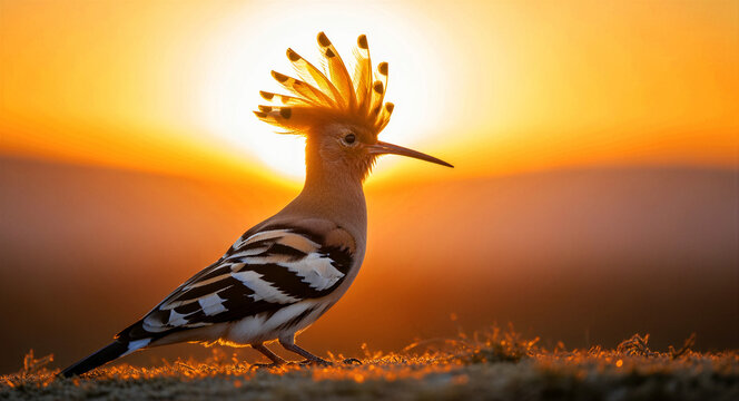 Eurasian hoopoe bird displaying its feather crest during sunset. Beautiful avian profile illuminated by golden hour light in nature. Wildlife photography concept, ideal for nature conservation themes.