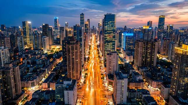 Aerial View of a Modern City Skyline at Night with Bright City Lights