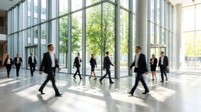 Busy corporate professionals walking through a sunlit modern office lobby, reflecting a dynamic business environment