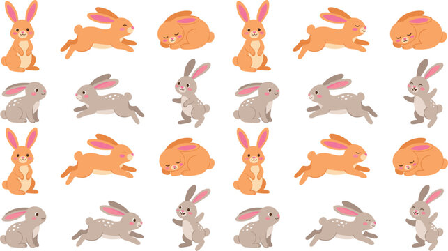 Cute cartoon rabbit character collection with different active poses seamless pattern vector illustration isolated