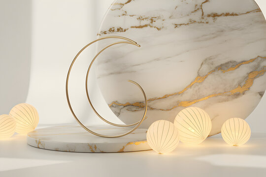 Product display stand with gold crescent moon sculpture, white marble circular backdrop, and glowing ribbed orb lights on a marble base