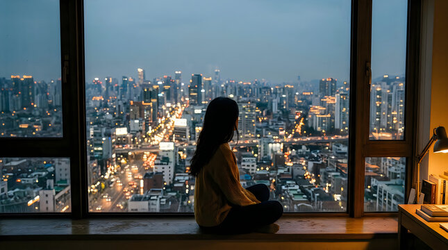 Woman sitting by window looking at city lights and urban skyline at night