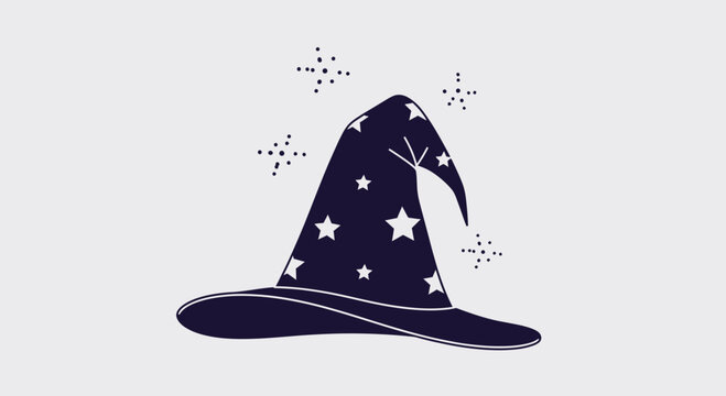A magical wizard hat adorned with stars and sparkles on a gray surface