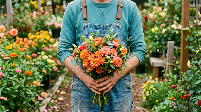 Farmer Holding a Vibrant Hand-Picked Flower Bouquet in a Lush Sunny Garden Greenhouse Setting