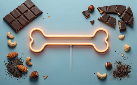 Neon bone sign surrounded by chocolate, nuts, and coffee on blue background.