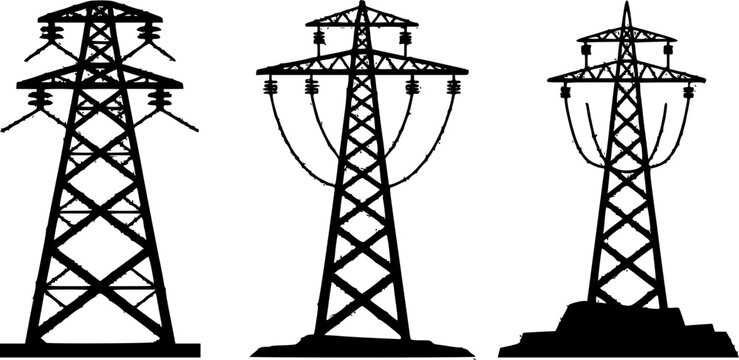 Vector illustration set featuring three different black silhouettes of high voltage electric pylon transmission towers isolated on a white background.