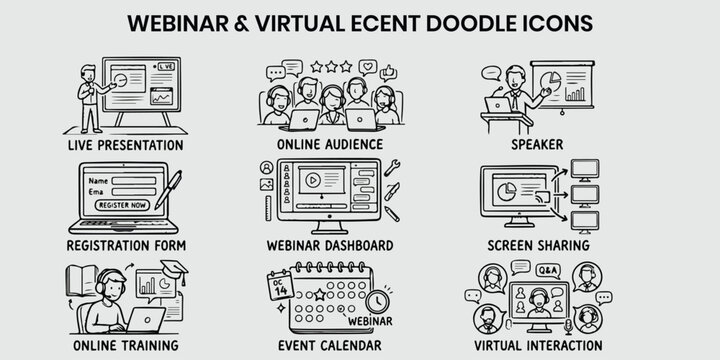 Webinar and virtual event doodle icons for online presentations