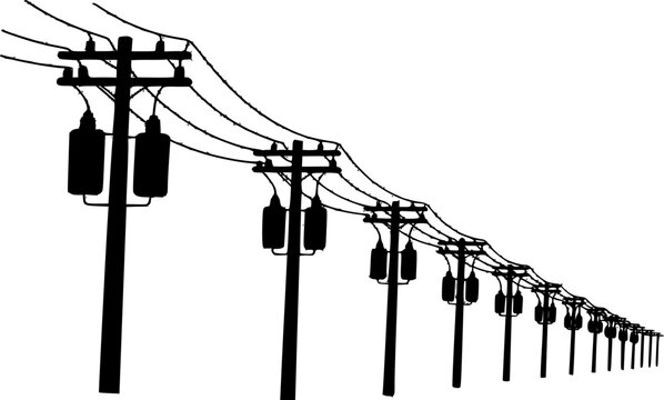  Black silhouette showing a long perspective line of wooden utility poles with electrical transformers and overhead power lines isolated on a white background.