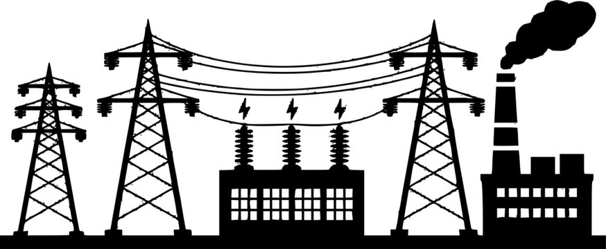 Black silhouette of an industrial power plant factory with smoking chimneys, high voltage electrical pylon towers, and a substation grid system isolated on a white background.
