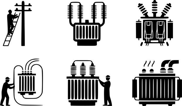 Electrical grid infrastructure icon set featuring utility lineworkers, substation transformers, power line maintenance, and high voltage distribution equipment.