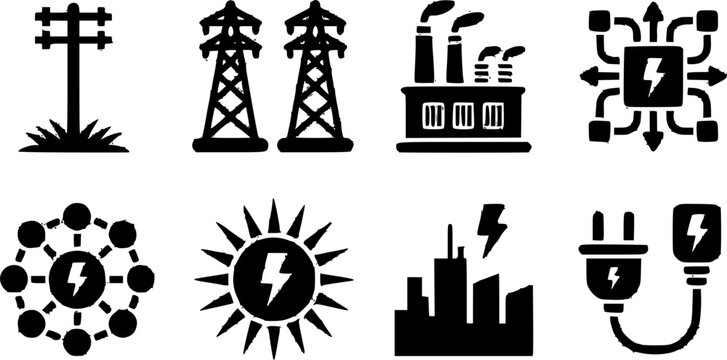  Electrical power grid and industrial energy distribution icon set featuring high voltage transmission towers, factory chimneys, solar energy, city power, and plug elements.