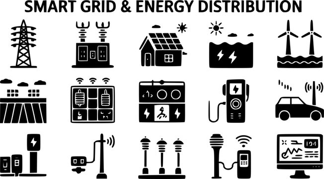  Smart grid and energy distribution icon set featuring transmission pylons, solar house, wind turbines, electric vehicle chargers, and power monitoring system elements.