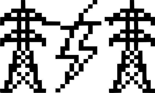 Minimalist pixel art vector icon depicting two electric pylon towers with a lightning bolt symbol representing power generation and energy transmission.