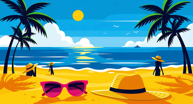 Tropical beach vector illustration with sunglasses and a sun hat on yellow sand. Palm trees frame a sunny coastal landscape with silhouettes and blue ocean. Summer holiday and travel concept.