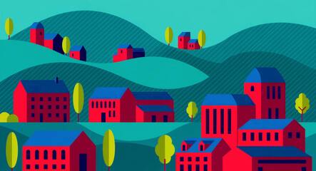 Obraz premium Stylized illustration of red houses nestled in rolling teal hills. Minimalist landscape featuring geometric patterns and simple trees. Modern flat design ideal for backgrounds and creative posters.