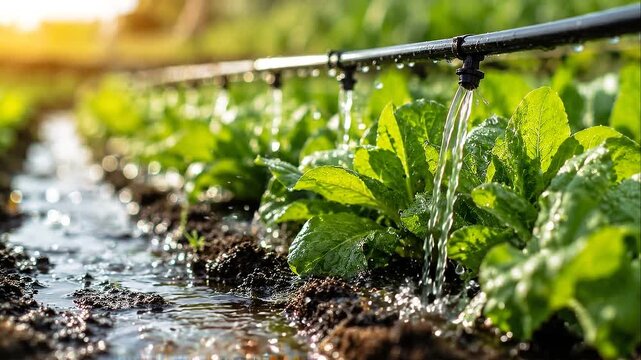 Sustainable food production irrigation drip system for leafy green vegetable watering soil sunlight morning healthy greens production