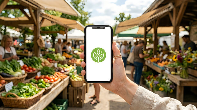 Hand holding smartphone with eco leaf icon at outdoor farmers market stalls