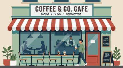 Fototapeta premium Cozy Coffee Shop Exterior with Outdoor Seating and Patrons