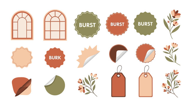 Decorative vector graphic elements featuring windows stickers and floral designs
