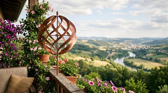 Copper wind spinner decor on a flower filled balcony overlooking a valley