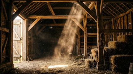 Fototapeta premium A beautiful light beam shines through the roof of a rustic wooden barn, illuminating floating dust particles in the air. The interior features stacks of hay bales, pitchforks, a coiled rope, and a dir