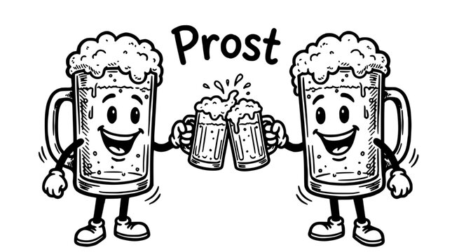 Beer Mugs Clinking in a Cheerful Cartoon Illustration with the Word Prost Above Them Featuring Celebration, Drinking, Foam with Happy and Toast