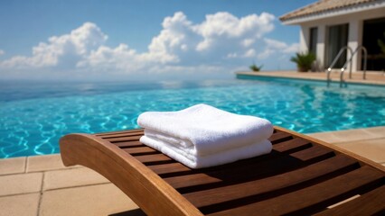 Obraz premium Stack of white towels resting on wooden lounger by pool