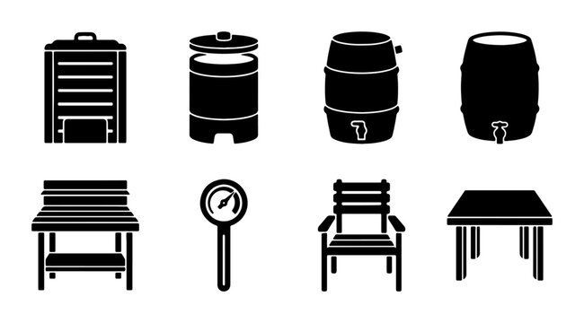 8 Silhouette Icons of Barrels, Furniture, and Table for Storage and Seating