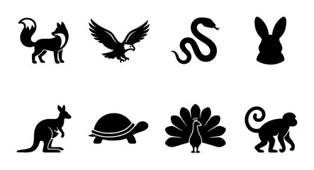 Fototapeta premium 8 Animal Silhouettes Icon Set, Flat, for Nature and Wildlife Concepts