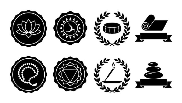 8 Yoga and Meditation Silhouette Icons, Flat, for Wellness and Spiritual Practices