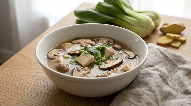 Delicious bowl of mushroom and tofu soup on wooden table