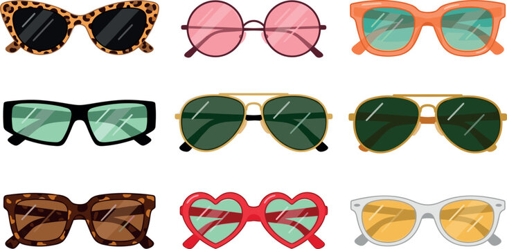 Trendy summer sunglasses and vintage eyewear collection vector illustration set isolated on white background