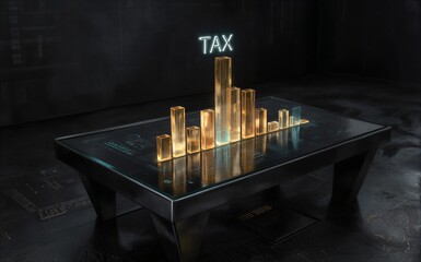 Naklejka premium Futuristic tax bar graph hologram displayed on a glowing digital table.