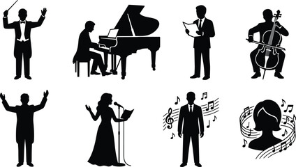Classical music performer collection illustration, orchestra and vocal artist symbols, entertainment vector design set © Vexora Studio